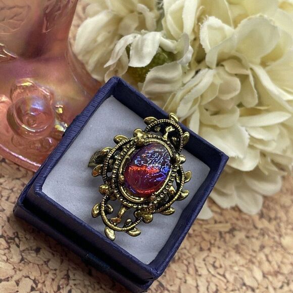 Valentine’s Day Renaissance Medieval gold Ring Mexican Fire Opal Dragons breath - Picture 6 of 16